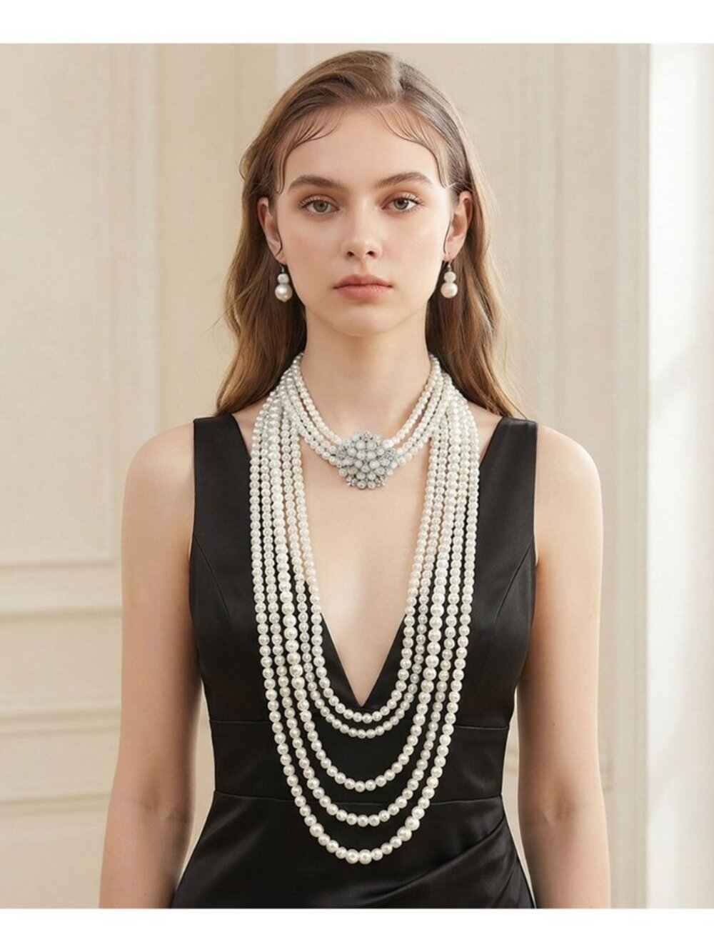 Tigerstars Oversized Multi Strand White Pearly Layered Statement Necklace